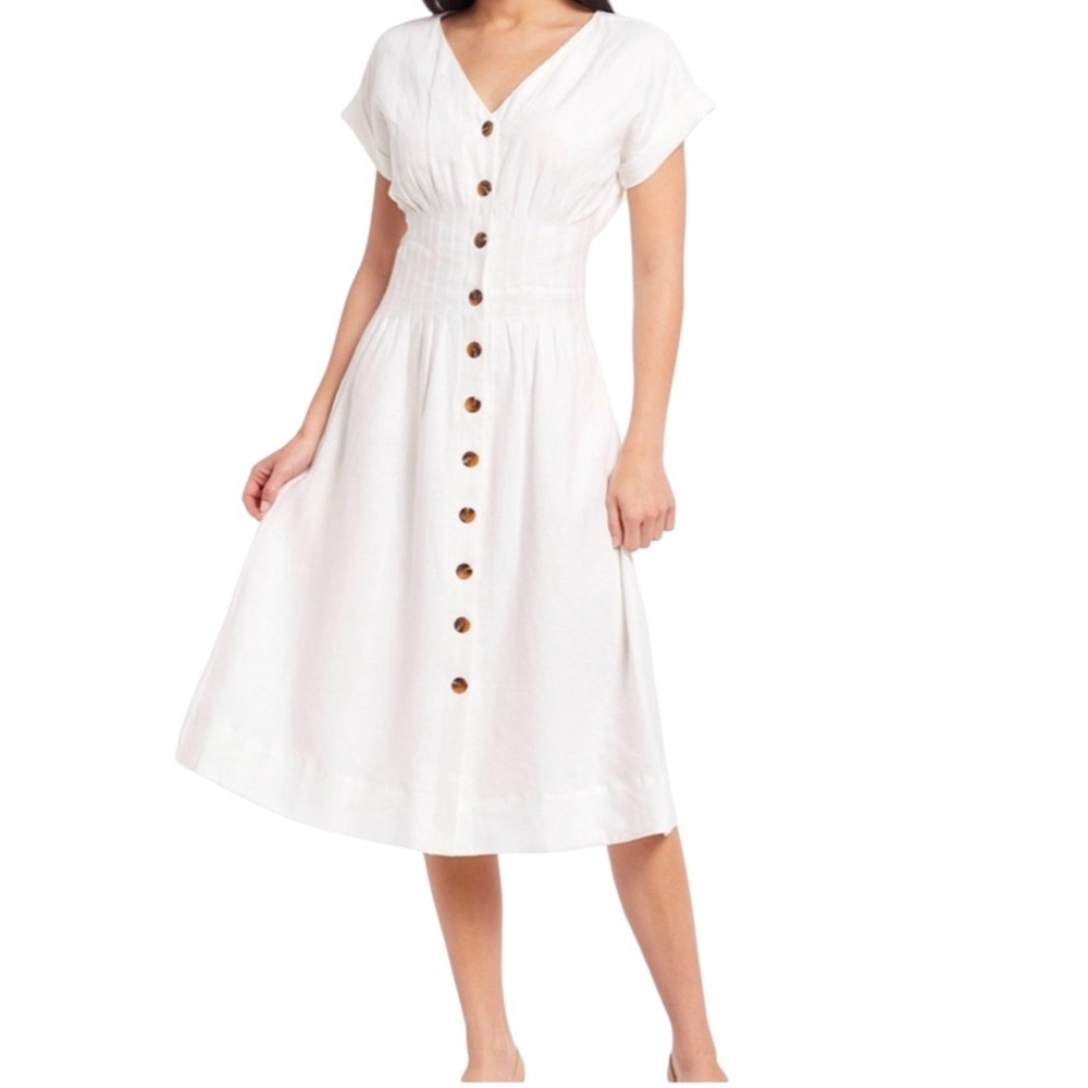 ANTONIO MELANI Linen Shirt Dress V Neck Cap Sleeve White Cottagecore  Size 10